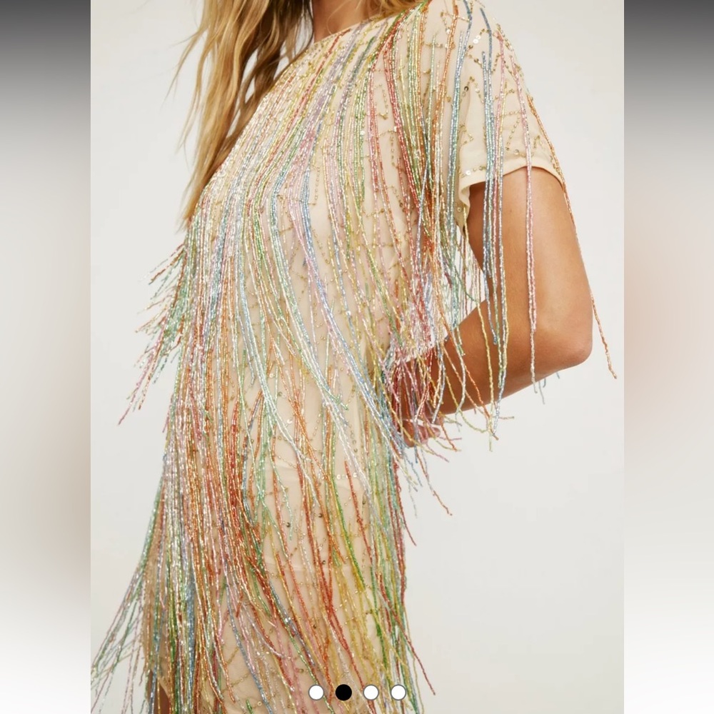 NWT Tassel Beaded Mini Shift Dress in Nude (NastyGal)